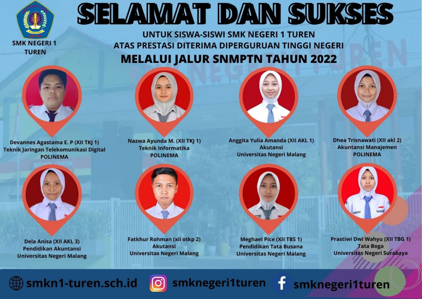 Selamat dan Sukses Kepada Siswa dan Siswi SMK Negeri 1 Turen atas Prestasinya diterima di Perguruan Negeri Tinggi Melalui Jalur SNMPTN Tahun 2022