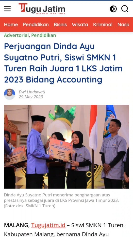 Dinda Ayu Peraih Juara 1 LKS Jatim 2023 Bidang Lomba Accounting