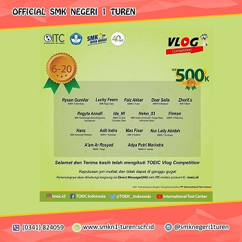 Siswa SMKN 1 Turen Menjadi Salah Satu Pemenang Dalam <i>TOEIC Vlog Competition 2019 </i>